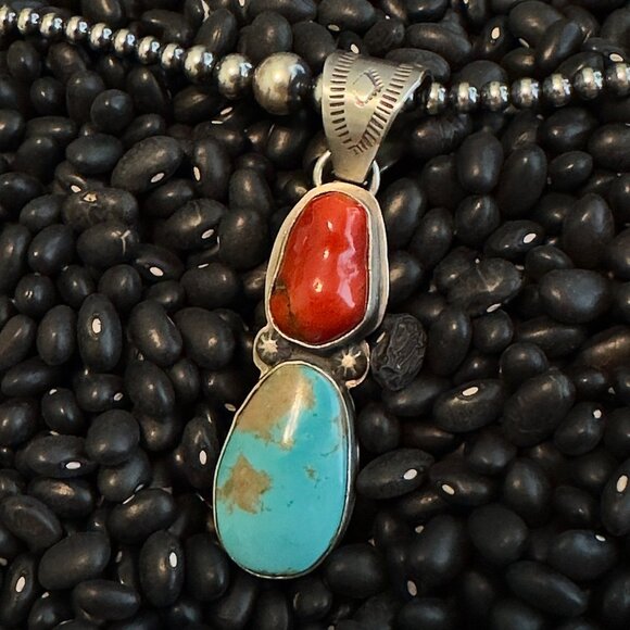 Authentic Navajo Sterling Silver Mediterranean Coral and Turquoise Pendant - Picture 2 of 3
